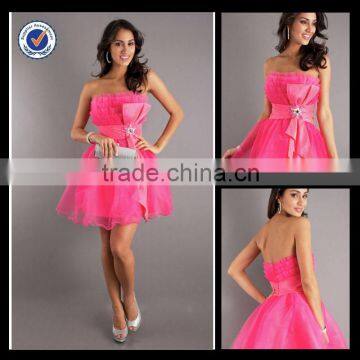 New Design Wholesale Custom Made Mini Strapless Hot Pink Tulle Prom Dress With Bowknot Belt Homecoming Dress H0070