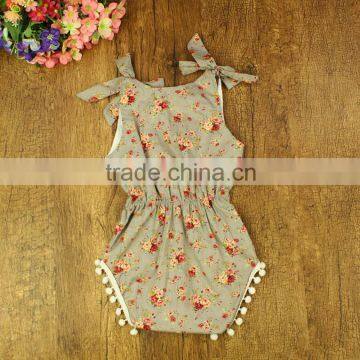 Wholesale Baby Clothes Cheap Girl Floral Knit Cotton Romper With Pom Pom Cotton Baby Clothing Floral Vintage Girls Bodysuits photo-5