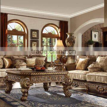 American Royal Style Wooden Hand Carved Sofa With Fabric Finishing/Arabic Golden Upholstery Living Room Furniture (MOQ=1 Set)