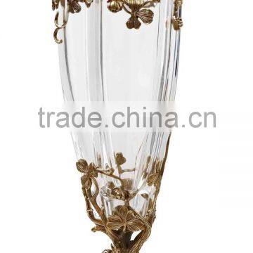 Unique Crystal Flower Vase Inlaid Bronze Casting Conch & Flower Vine Edge, Home Decorative Crystal Vase With Gilt Bronz Base