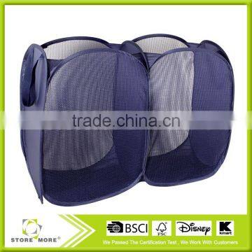 Dark Blue Foldable Pop-Up Mesh Hamper, 2-compartment Clothes Laundry Hamper photo-3