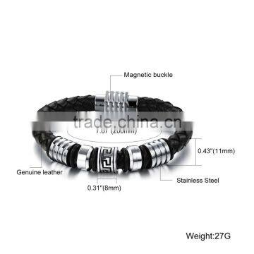 Mens Genuine Leather Bracelet With Magnetic Clasp Stainless Steel Beads photo-5