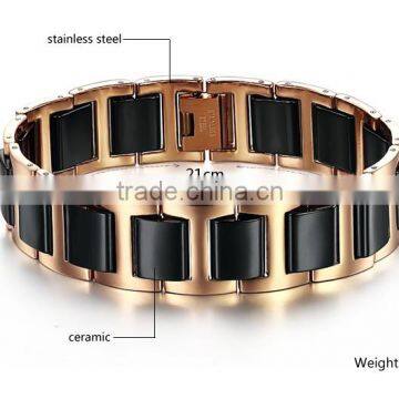 Men's Shiny Polished Two-Tone Gold ,Black Ceramics&Stainless Steel Magnets Link Bracelet photo-4