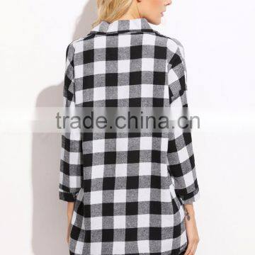 Check Plaid Drop Shoulder Shirt Black and White Cotton Blend Long Sleeve Casual Button Women Shirt photo-4