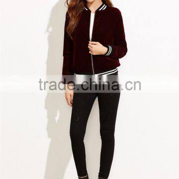 MGOO Women Burgundy Velvet Bomber Jacket With Striped Trim Plain Baseball Jacket Zipper Closure photo-4