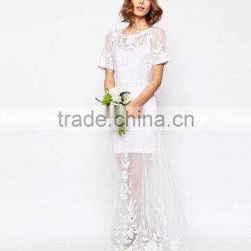MGOO Sweetheart Bridal Delicate Lace And Pearl Maxi Dress With Short Sleeves Embroidered Dress photo-3