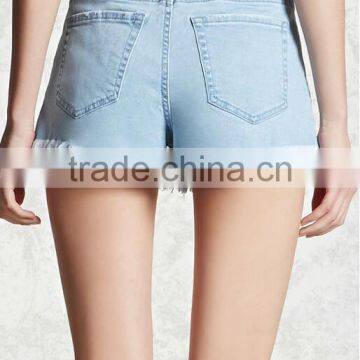 Ladies Fashion High Waist Jeans Shorts Light Blue Washed Denim Shorts photo-5
