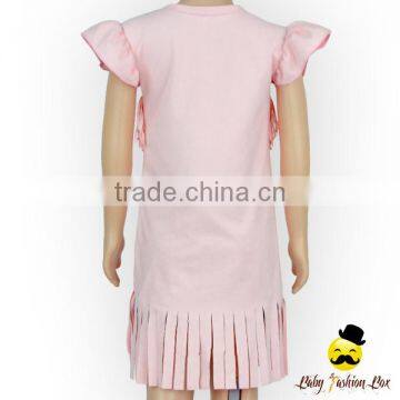 2017 Summer New Design Suede Plain Pink Fringe Cutting Flutter Sleeve Kids Modern Girls Dress photo-6