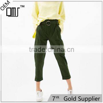 Green Twill Cargo Pants Womens Cropped Trousers with Belt and Buckle