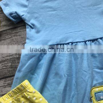 Back to School 3-8years Old Girls Outfit Clothes School Bus Clothing Aqua Yellow Ruffles Cotton Capris With Matching Accessories photo-3