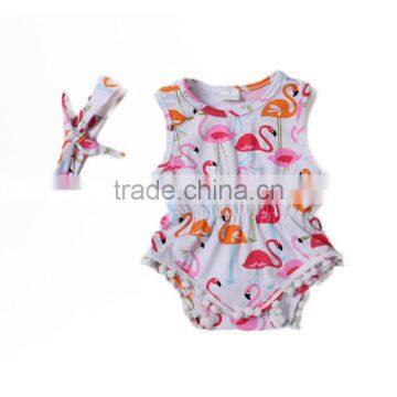 New arrival flamingo super cute high quality soft cotton baby girl pom pom romper