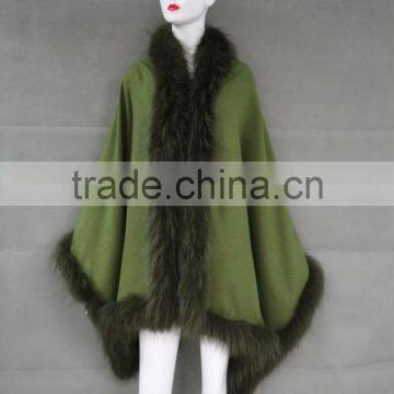 Fast Sell Deep Green Cashmere Poncho Cape With Raccoon Fur Trim / Fur Poncho Cape