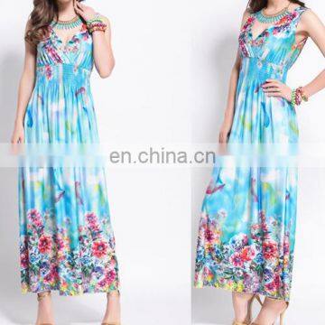 V neck smocking Floral printed bohemia dress long styles design