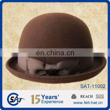 brown 100% wool felt bowler hat with bowknot ribbon