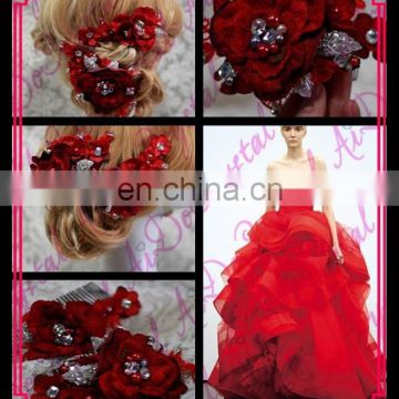 Aidocrystal Red bridal wedding hairpiece,red flower with pearl bridal hair flower accessories, hair clip