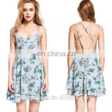 High quality chiffon printed women dress/ ladies strap sexy dress designs , Fashion mini Lady printed fashion dress name