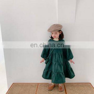Send a Small Bag! 2020 Korean Children's Clothing Autumn and Winter Middle and Small Girls Dress Composite Dark Green Corduroy