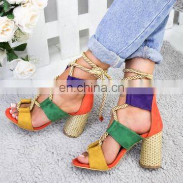 Women Pumps Fashion Heels Lace Up High Sandals For Summer Shoes Gladiator Thick Chaus sures Femme Square Heels Knot rope