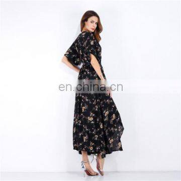 2020 Women's Explosion Long Short-Sleeved Floral Dress Women's Summer Vacation European and American Beach Skirt photo-2