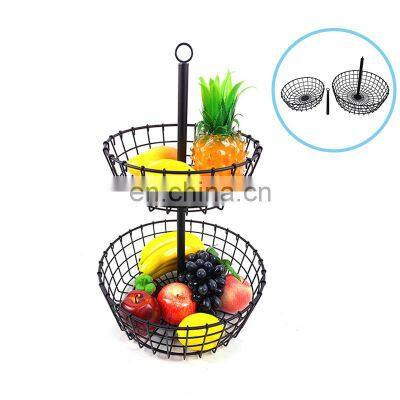 China factory Creative Countertop Kitchen Storage 2 tier Hanging Metal Iron Wire Fruit Bowl Basket