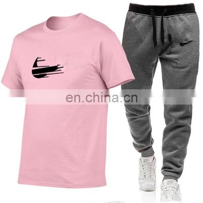 Custom brand men's plus size summer short-sleeved T-shirt +long pants casual running  beach two-piece suit