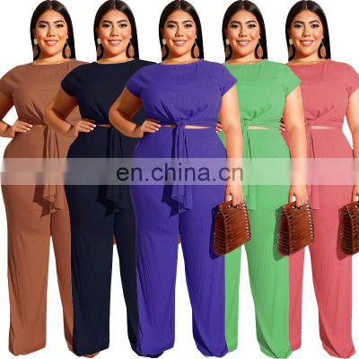 Solid Color Plus Size Short Sleeve Plus Size Two Piece Women Pant Sets New Fashion