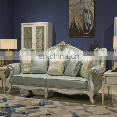 Blue Italian Luxury 1+2+3 Classic Solid Wooden Structure Leather Couch Living Room Sofa Sets Furniture photo-3