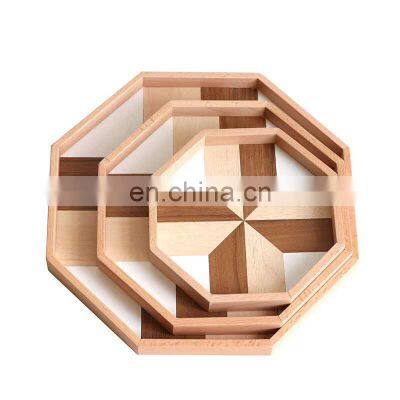 Creative octagon color contrast tray polygon splicing Nordic solid wood snack fruit plate manufacturer customized