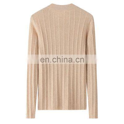 Women's Casual Solid Pattern Knit Crew Neck Pullover Winter Ribbed Cashmere Sweater With Button Decoration OEM Service Available photo-3