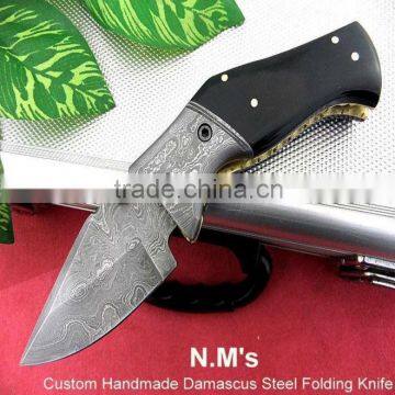 udk f61" custom handmade Damascus folding knife / pocket knife with buffalo horn and Damascus bolster handle