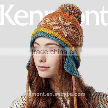 Yellow jacquard embroidery logo custom beanie hat with a ball