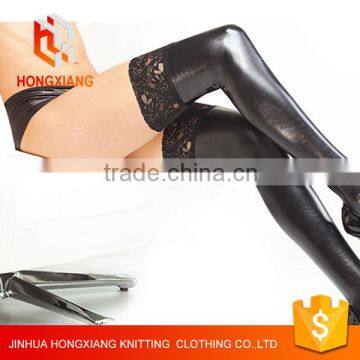 Hongxiang Lacework PU Leather Leggings Skin Tight Thigh Stockings