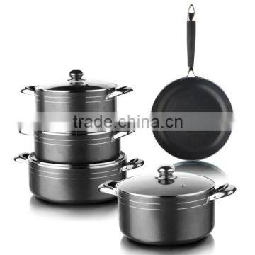 9pcs Black Aluminum Non-stick Press Sauce Cooking Pasta Noodle Soup Pot Fry Egg Pizza Pan Set Skillet Casserole