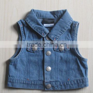 wholesale kids customized denim jacket without sleeve baby washed denim jacket