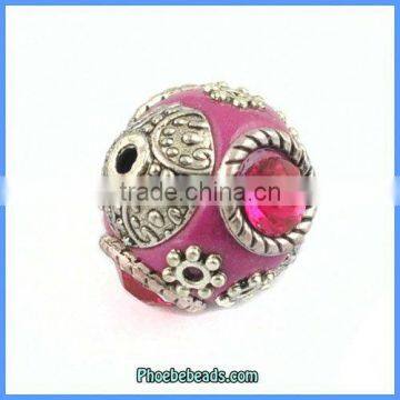 Wholesale Fuchsia Indonesia Vintage Metal Clay Beads With Crystal PCB-M100615