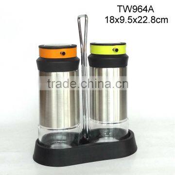 TW964A 2pcs glass oil vinegar bottle with metal casing and plastic stand