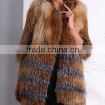 New russia ladies knitted red fox fur with silver fox fur coat