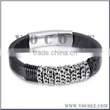 Thick leather bangle bracelet with stainless steel chains clasp jewelry