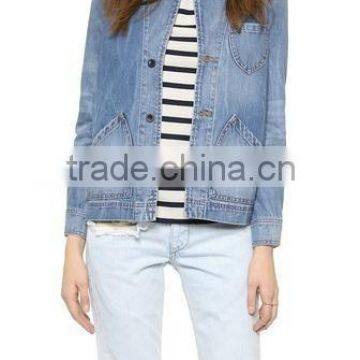 ladies curved patch pocket faded denim jacket