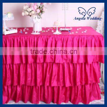 SK006E Party taffeta banquet ruffled pleated steps in fuschia hot pink table skirt