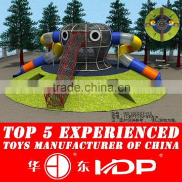 outdoor play structure with climbing rope with tube slide