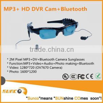 2015 hot sale 720P HD hidden Sunglasses camera,support MP3+DV Camera Sunglasses bluetooth