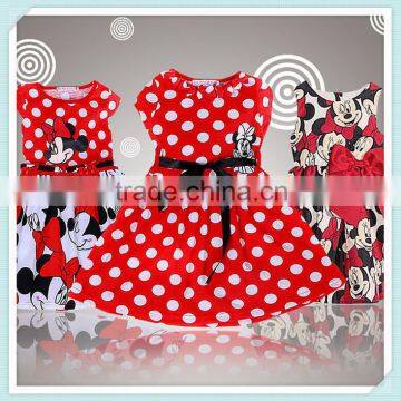 New Baby Casual Girls Cartoon Mouse Pattern Dots Dress High Short Sleeve Cotton Dresses Red Round Neck Dancing Costumes For Kids