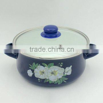High Quality Blue Pot Glass Lid Decal Printing Enamel Cookware With Decoration