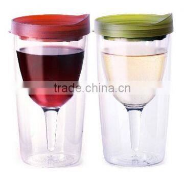 Set of 2 Double Wall Insulated Wine Tumblers with Merlot Verde Slide Tops OpenClose Drink Through Lid 10 oz.