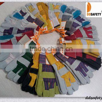 Cow Split Leather Safety Glove With Patch Palm Yellow Cotton Drill Back photo-3