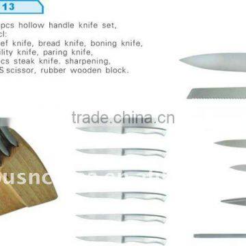 14pcs /set , hollow handle ,stainless steel kitchen knife set with block