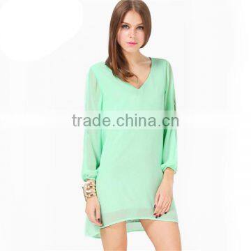 2014 Summer Evening New Desigual Feminine Fashion Mint Green Split Sleeve V Neck Loose Chiffon Dress