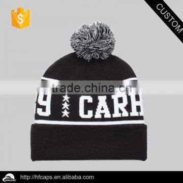 100 Acrylic Black Jacquard Letters Knitted Beanie with Top Ball