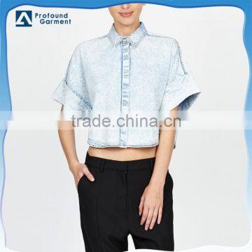 Custom casual design acid wash denim shirts and crop tops for women